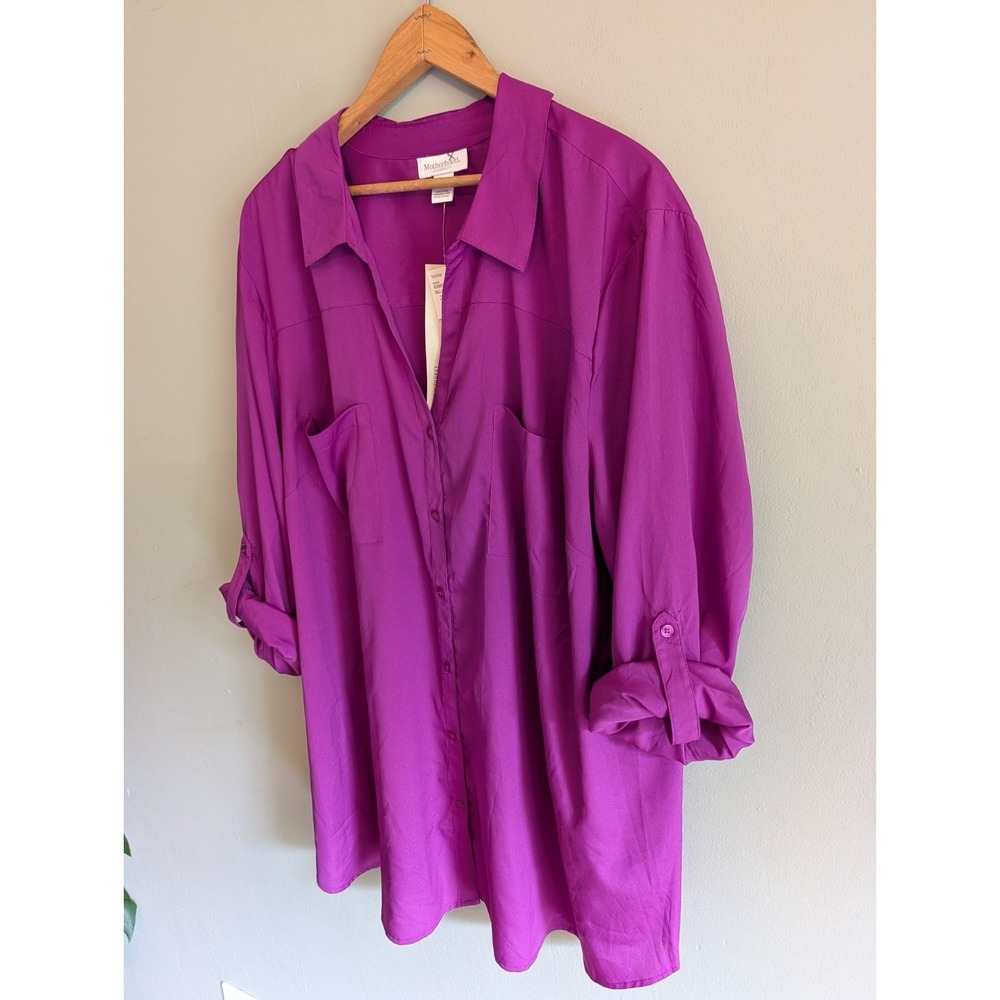 Motherhood Maternity Plus Blouse Button Up Long Sleeve Roll Tab Fuchsia Career - Picture 2 of 12